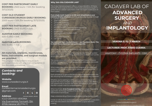 CADAVER LAB of ZYGOMA – GBR – ADVANCED SURGERY –  VERONA 5-6-7 MARCH